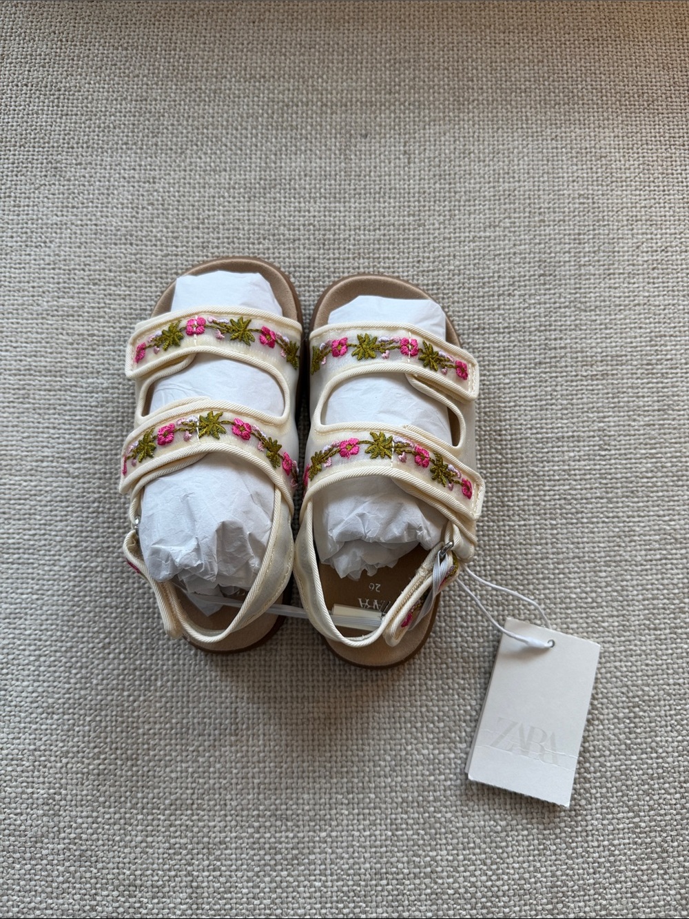 Zara Cream Sandals with Pink & Green Flower Embroidery